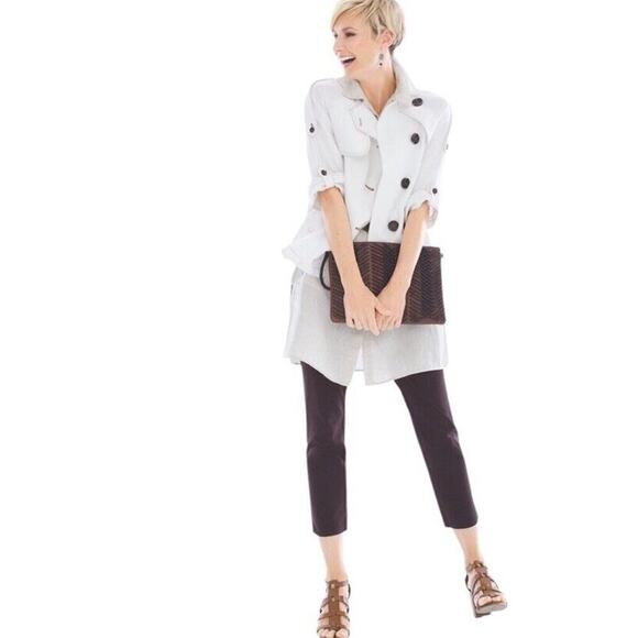 Chico’s 100% Linen Cropped Trench Jacket Women Small White Roll Sleeve Pockets - Picture 16 of 16